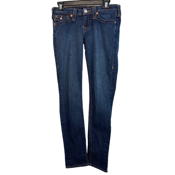 Womens True Religion Skinny 28 Low Rise Dark Wash Defect Stain 7036 Jeans - Picture 1 of 13